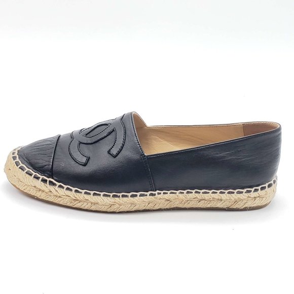 100% Authentic Chanel CC Lambskin Black Espadrille Shoes - Picture 8 of 13